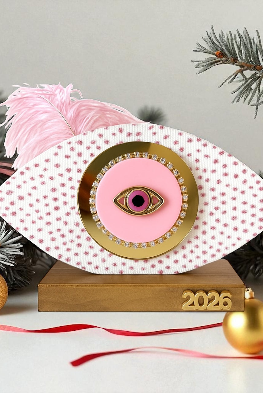 Handmade pink oval wooden gouri Merry & Pink with tulle, glitter dots, gold mirror 2026 motif and feather – So Cute by Dimi