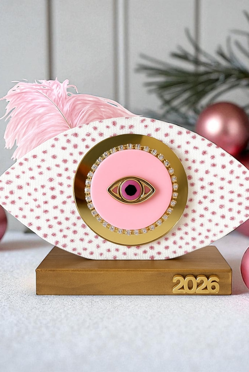 Handmade pink oval wooden gouri Merry & Pink with tulle, glitter dots, gold mirror 2026 motif and feather – So Cute by Dimi