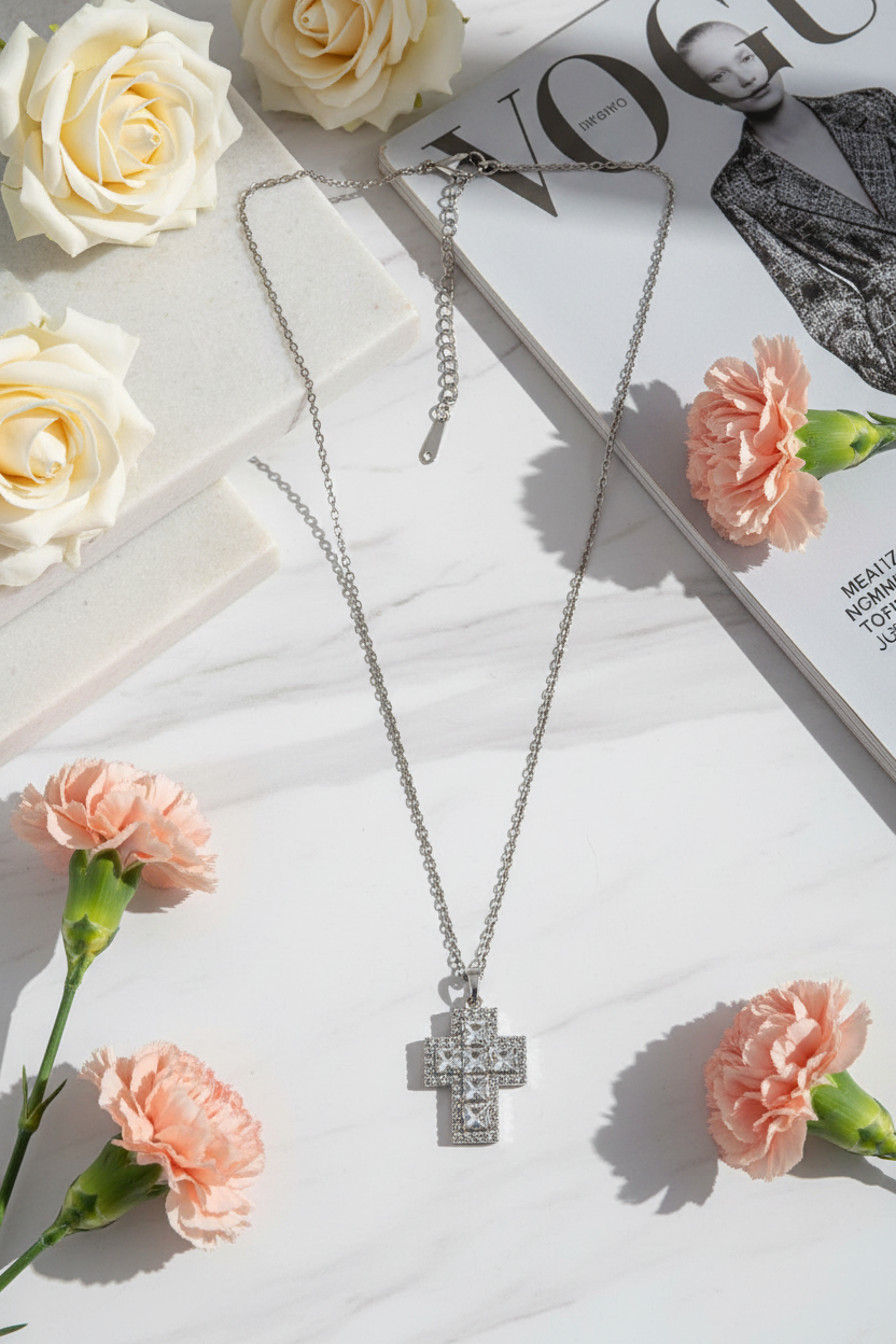 Ατσάλινο κολιέ με σταυρό ζιργκόν Radiant Cross So Cute by Dimi