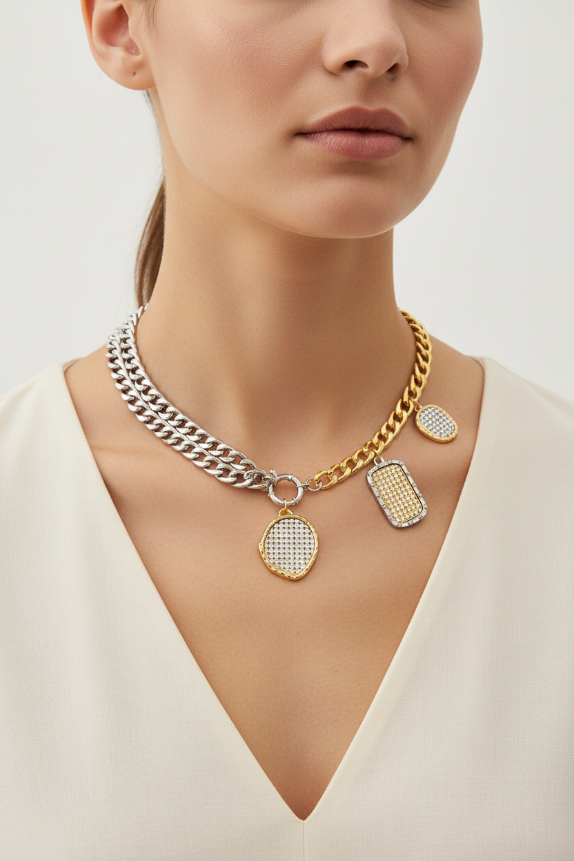Statement κολιέ chain link με multi charms σε διχρωμία χρυσό και ασημί, φορεμένο σε μοντέλο, So Cute by Dimi