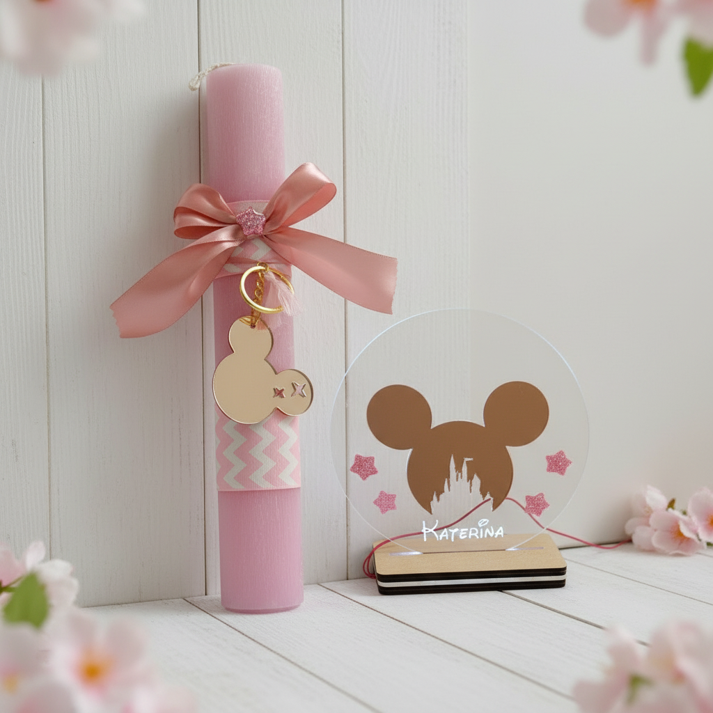 Πασχαλινή λαμπάδα Minnie rose gold με ασορτί LED φωτιστικό σε καθαρό προϊόντικό φόντο — σετ δώρου Πάσχα.