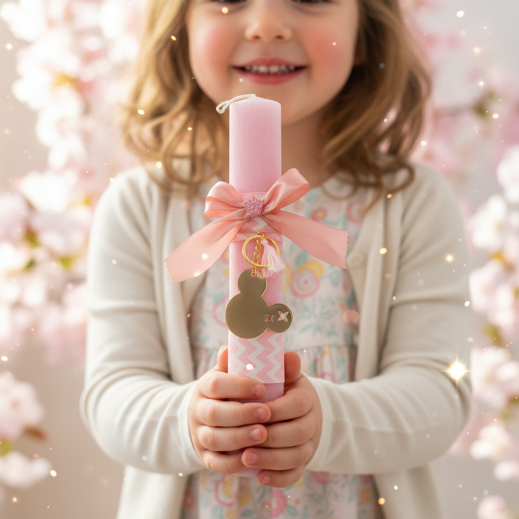 Κοριτσάκι κρατά πασχαλινή λαμπάδα Minnie rose gold με ροζ φιόγκο — παιδικό δώρο Πάσχα So Cute by Dimi.»