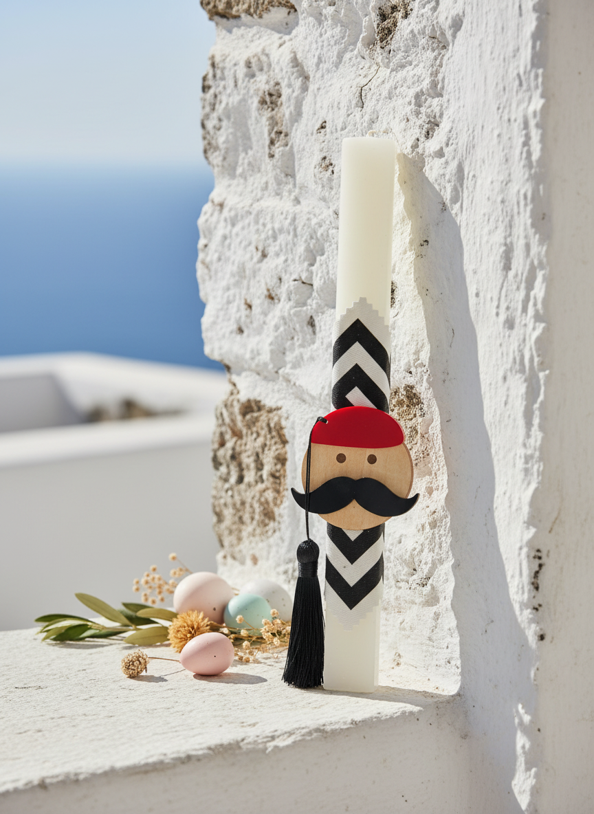 Χειροποίητη πασχαλινή λαμπάδα 30 εκ με τσολιά από ξύλο και πλεξιγκλάς και ριγέ ύφασμα – So Cute by Dimi