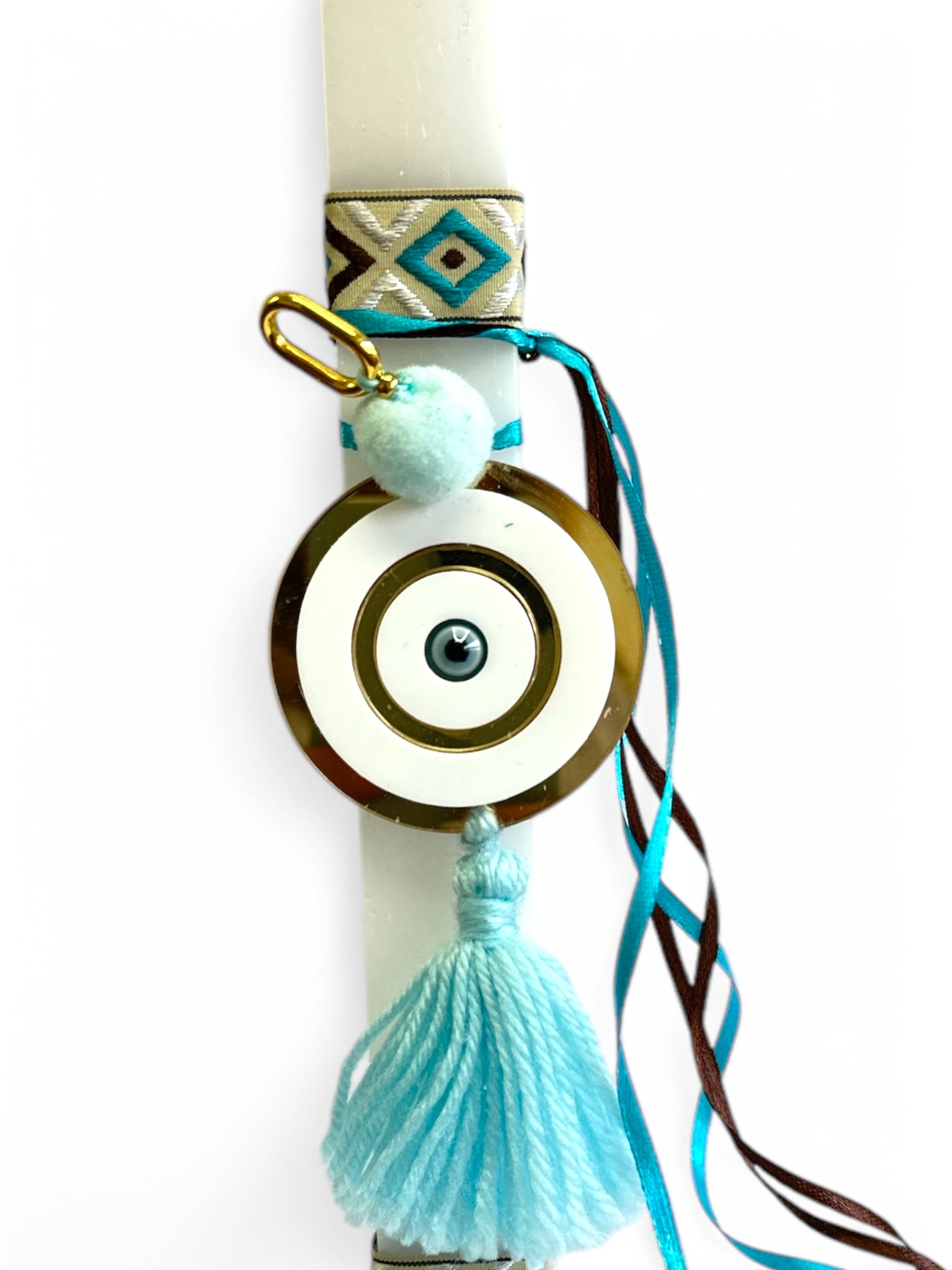 Handmade modern Easter candle with plexiglass evil-eye charm, ethnic ribbons, pom pom and tassel – 30 cm