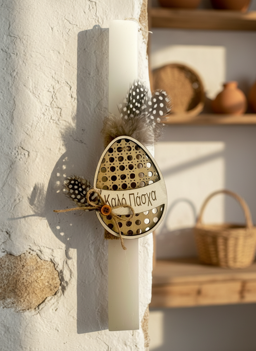 Handmade Easter candle with wooden egg engraving ‘Kalo Pascha’, natural feathers and square candle – country chic style.”
