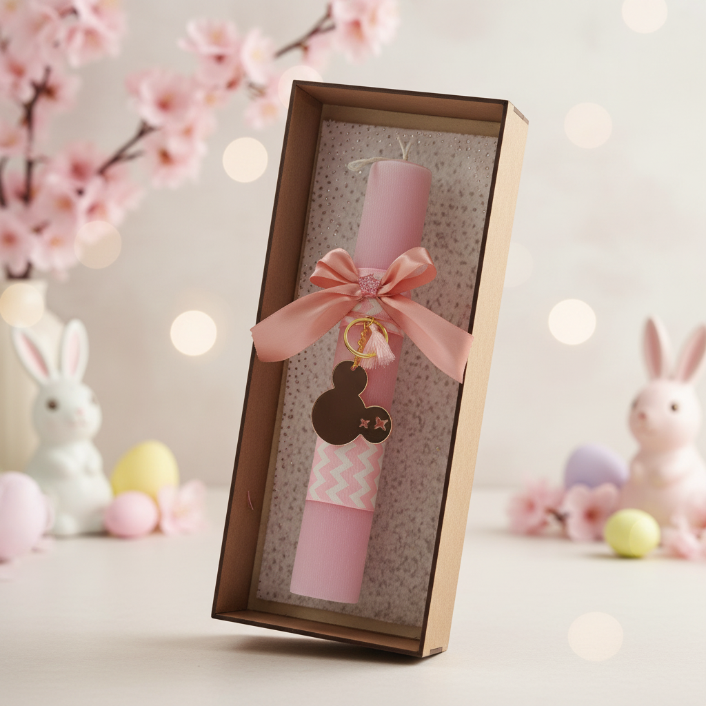 Πασχαλινή λαμπάδα Minnie rose gold σε ξύλινο κουτί δώρου στολισμένο ασορτί — premium συσκευασία So Cute by Dimi.