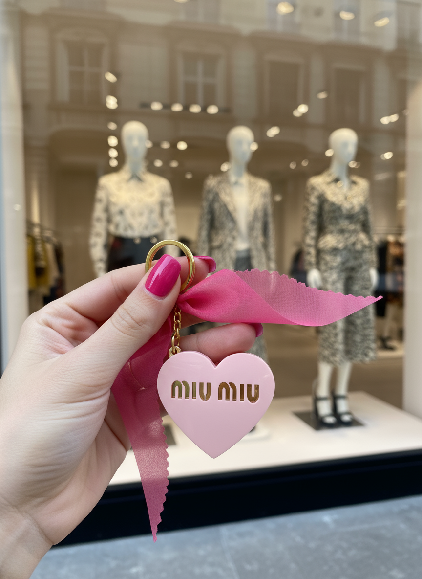 Μπρελόκ καρδιά Miu Miu με καθρεφτάκι και φούξια κορδέλα οργάντζας – So Cute by Dimi