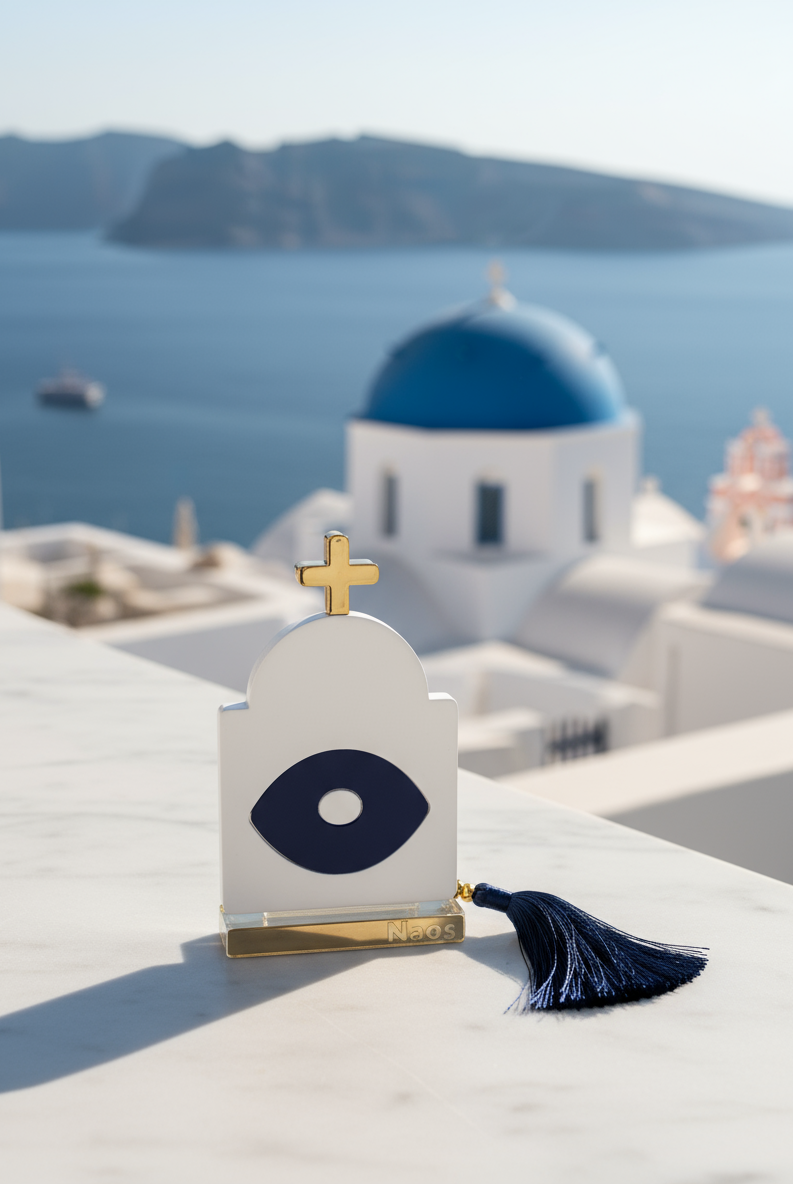 Γούρι design plexiglass σε σχήμα κυκλαδίτικου ναού με navy μάτι και χρυσό σταυρό, με navy φούντα – So Cute by Dimi