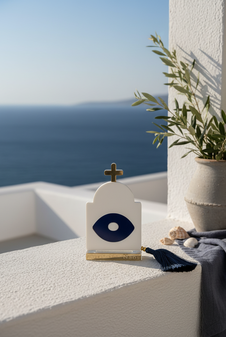 Γούρι design plexiglass σε σχήμα κυκλαδίτικου ναού με navy μάτι και χρυσό σταυρό, με navy φούντα – So Cute by Dimi