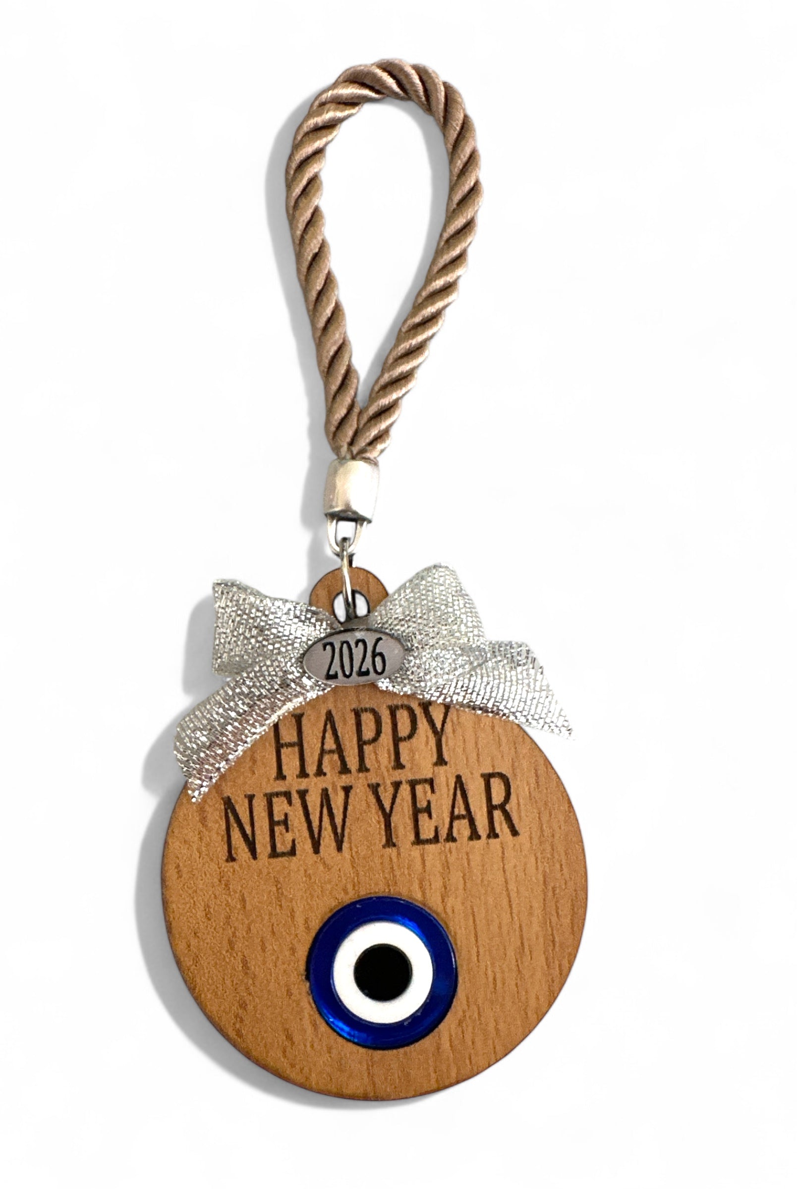 Χειροποίητο ξύλινο γούρι με μάτι, ευχή Happy New Year και κορδόνι – So Cute by Dimi
