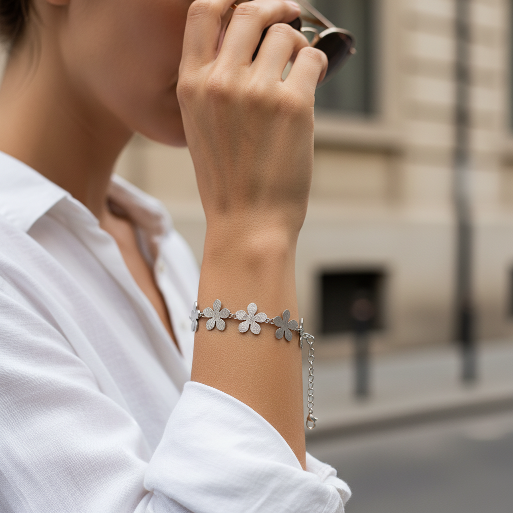 Floral chain bracelet από ανοξείδωτο ατσάλι με λουλούδια σε χρυσό και ασημί So Cute by Dimi