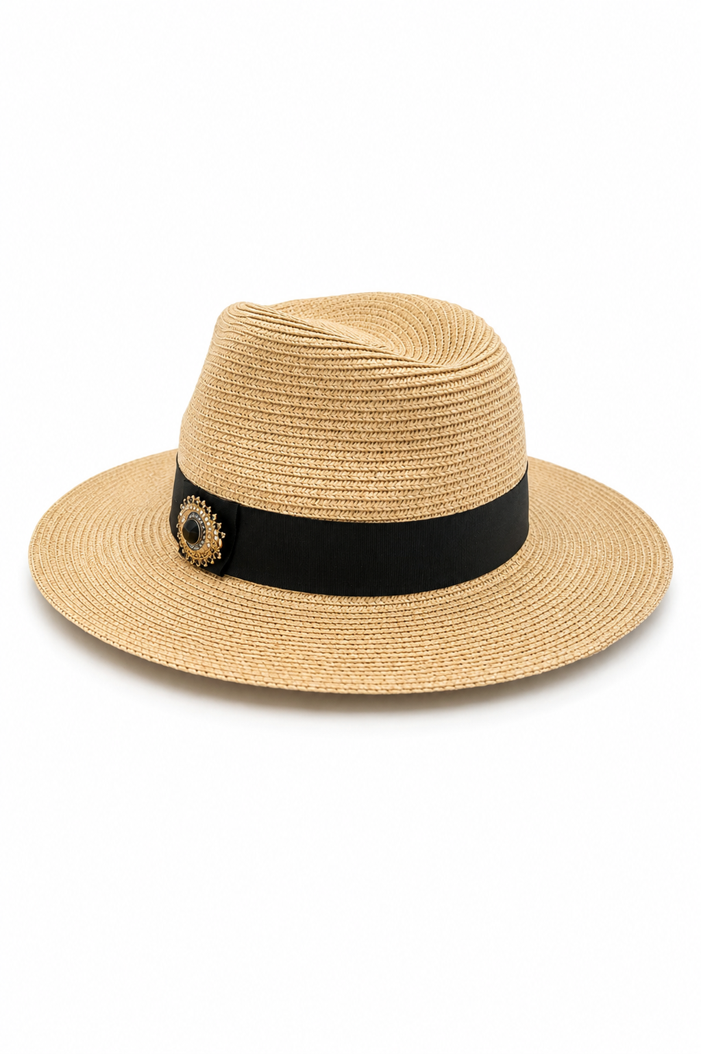 Γυναικείο fedora καπέλο από πλεκτή χάρτινη ίνα με μαύρη κορδέλα και διακοσμητική καρφίτσα σε σχέδιο ματιού.