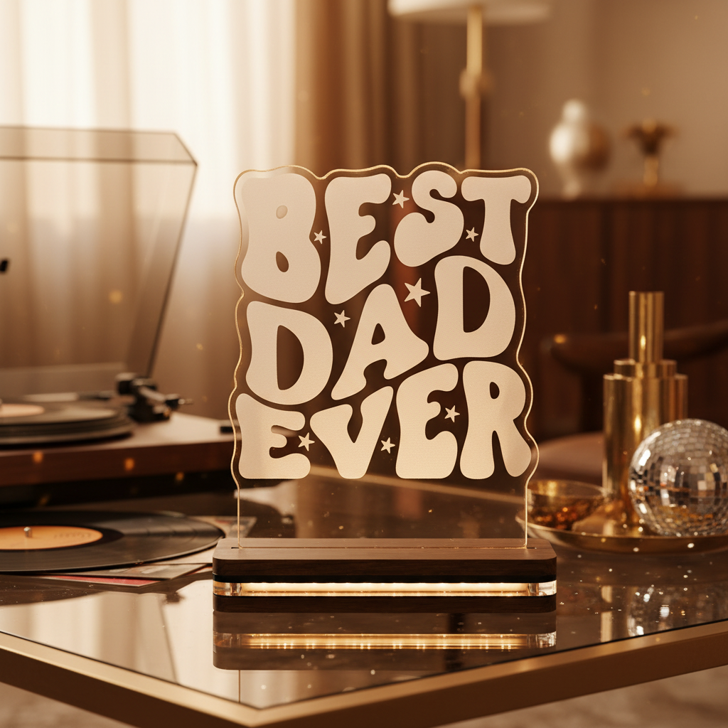 LED φωτιστικό Best Dad Ever από διάφανο plexiglass με χάραξη laser και δυνατότητα προσωποποίησης από τη So Cute By Dimi.