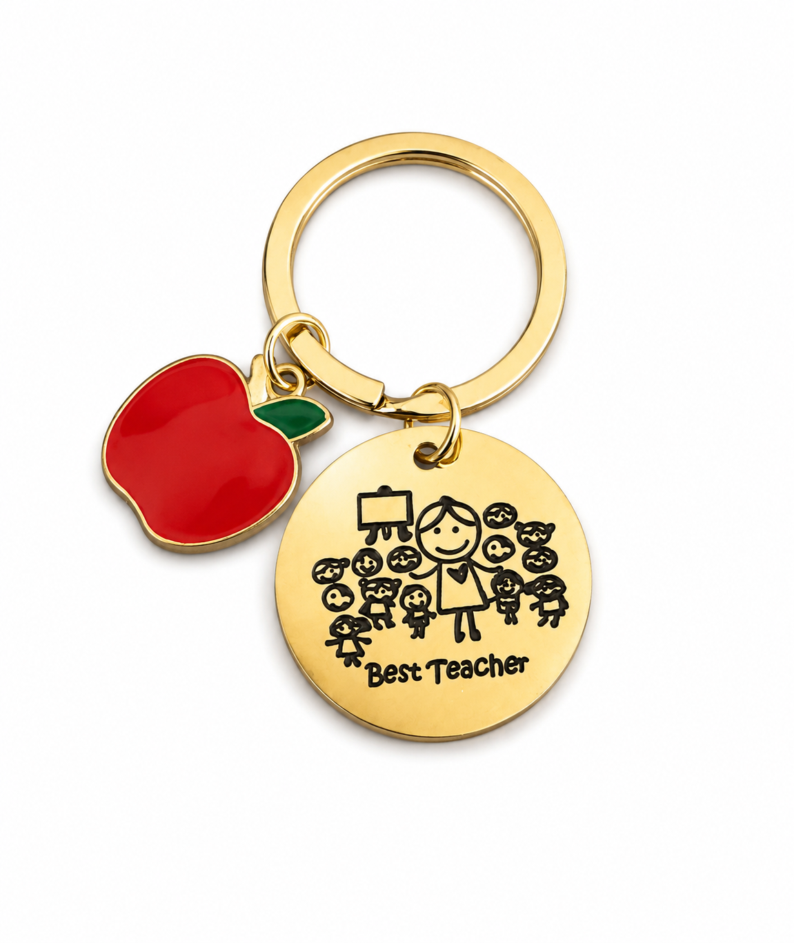 Μεταλλικό μπρελόκ Best Teacher με κόκκινο μήλο σε λευκό φόντο