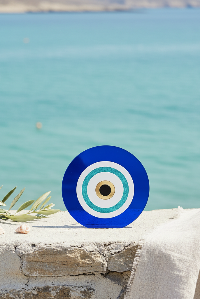 Γούρι μάτι από μπλε plexiglass πάνω σε πέτρινο τοίχο με φόντο τη θάλασσα και διακοσμητικό κλαδί ελιάς