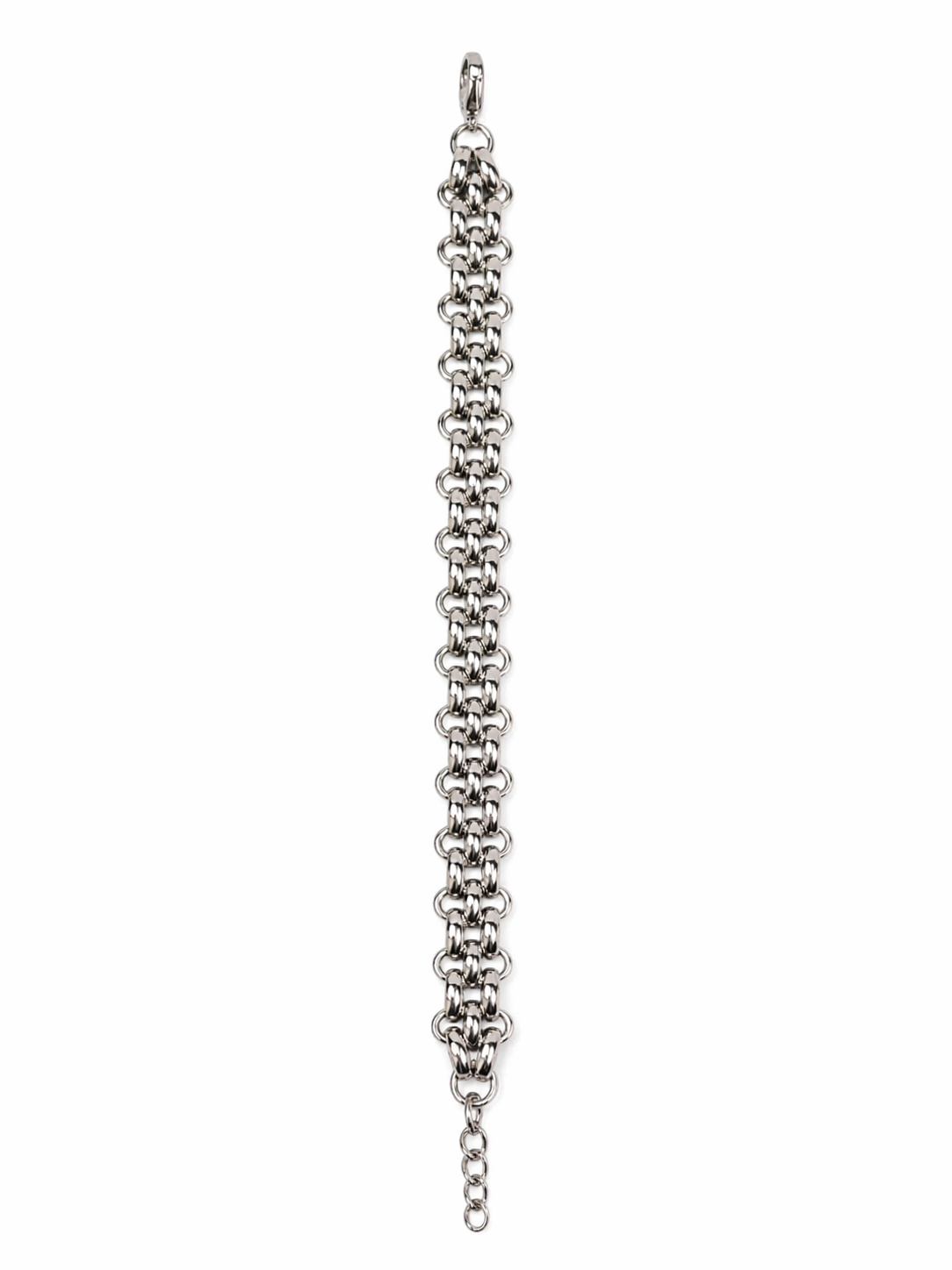 Silver stainless steel chain bracelet on a white background