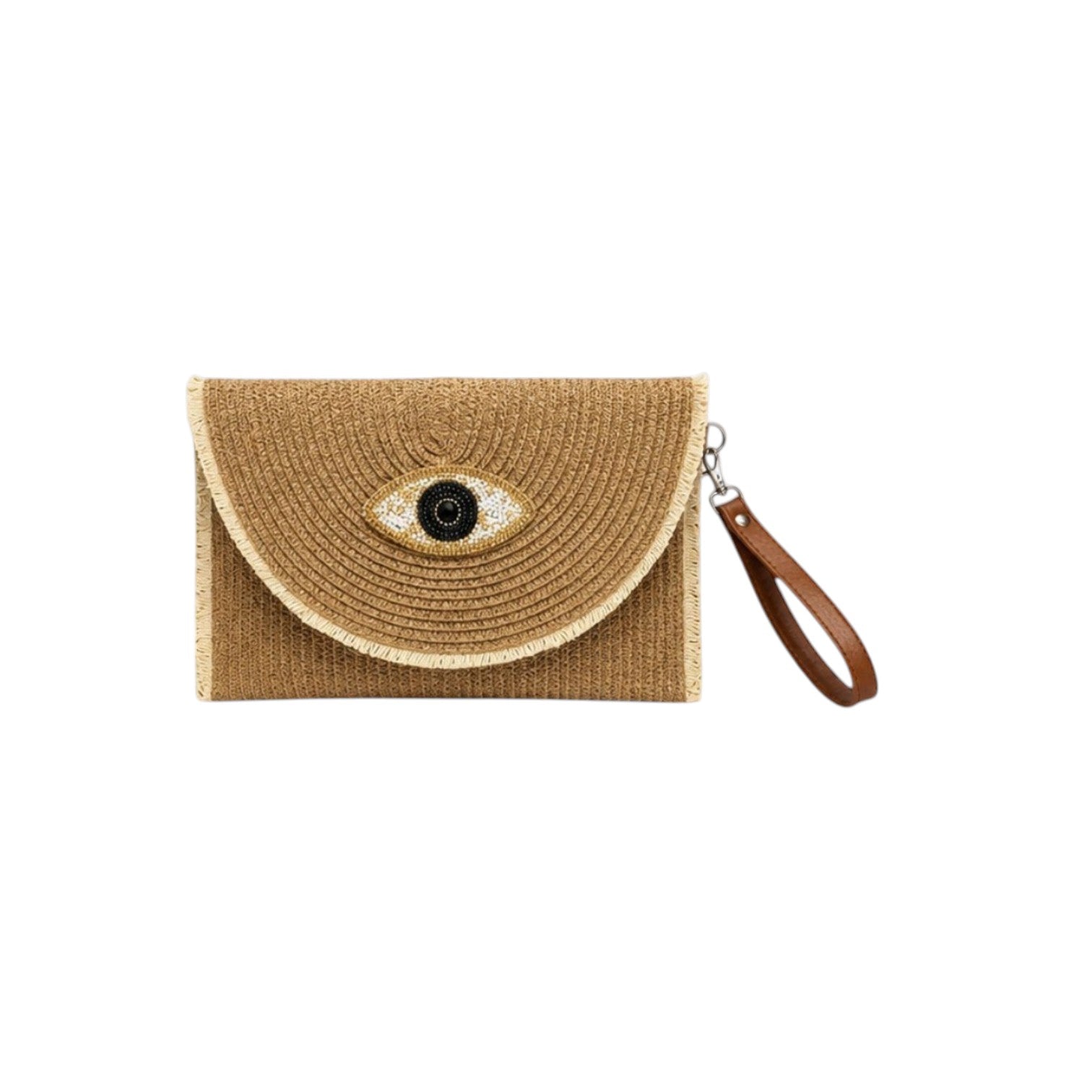 Ψάθινο clutch bags με evil eye σχέδιο σε καμελ χρώμα σε λευκό φόντο – So Cute by Dimi