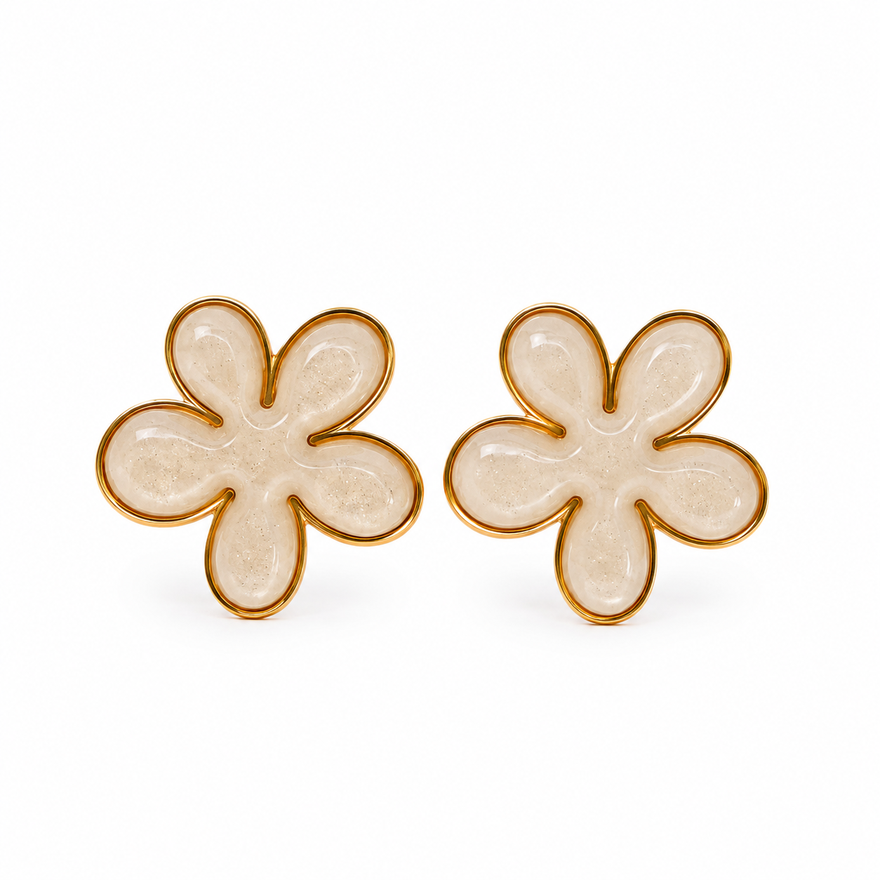 Pair of flower-shaped earrings with gold accents on a white background