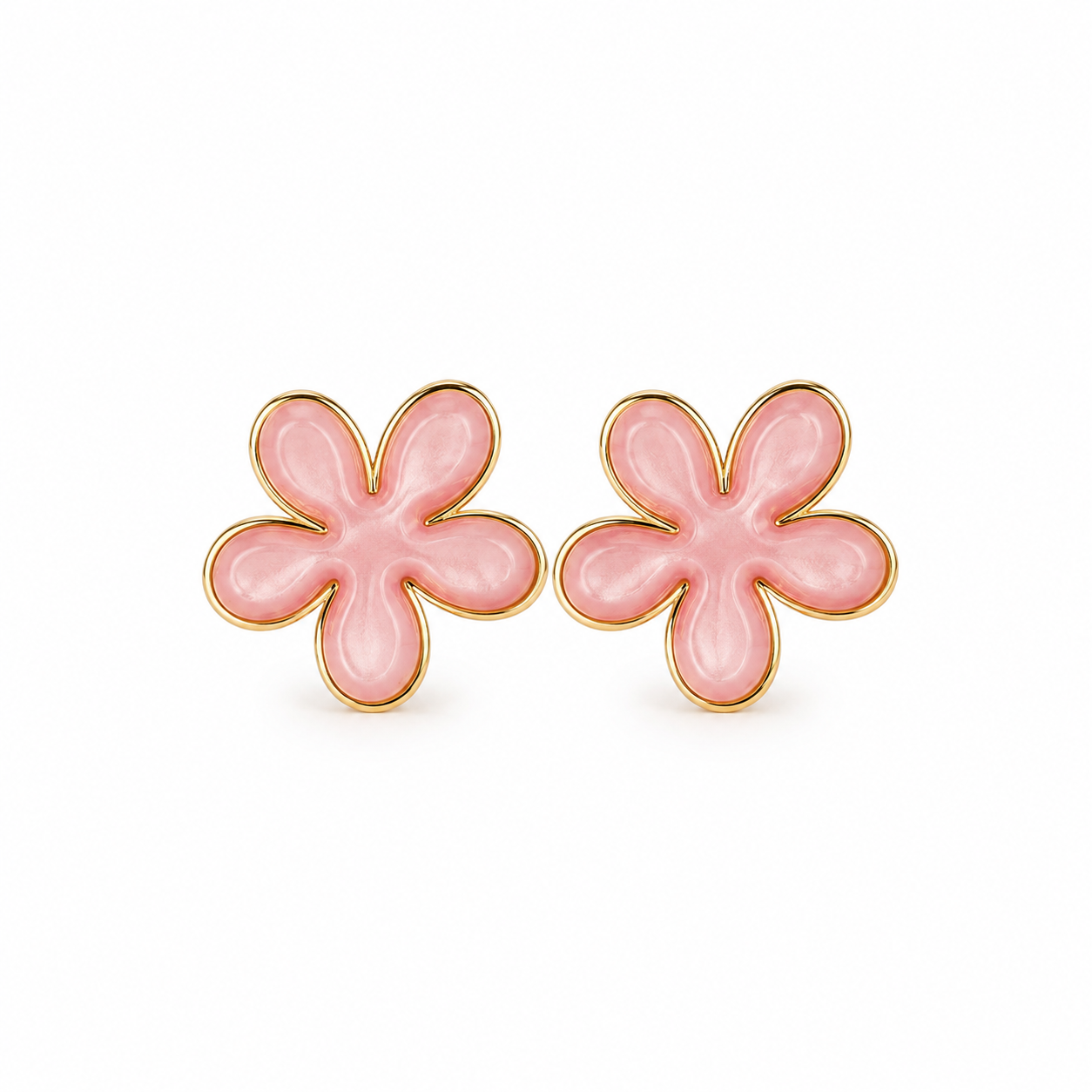 Pair of pink flower-shaped earrings on a white background