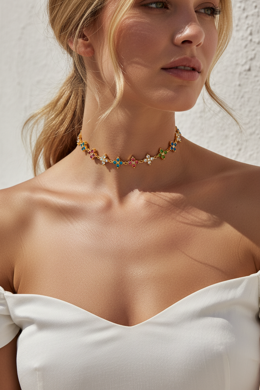Statement summer choker με πολύχρωμες πέτρες, φορεμένο σε μοντέλο, so cute by dimi