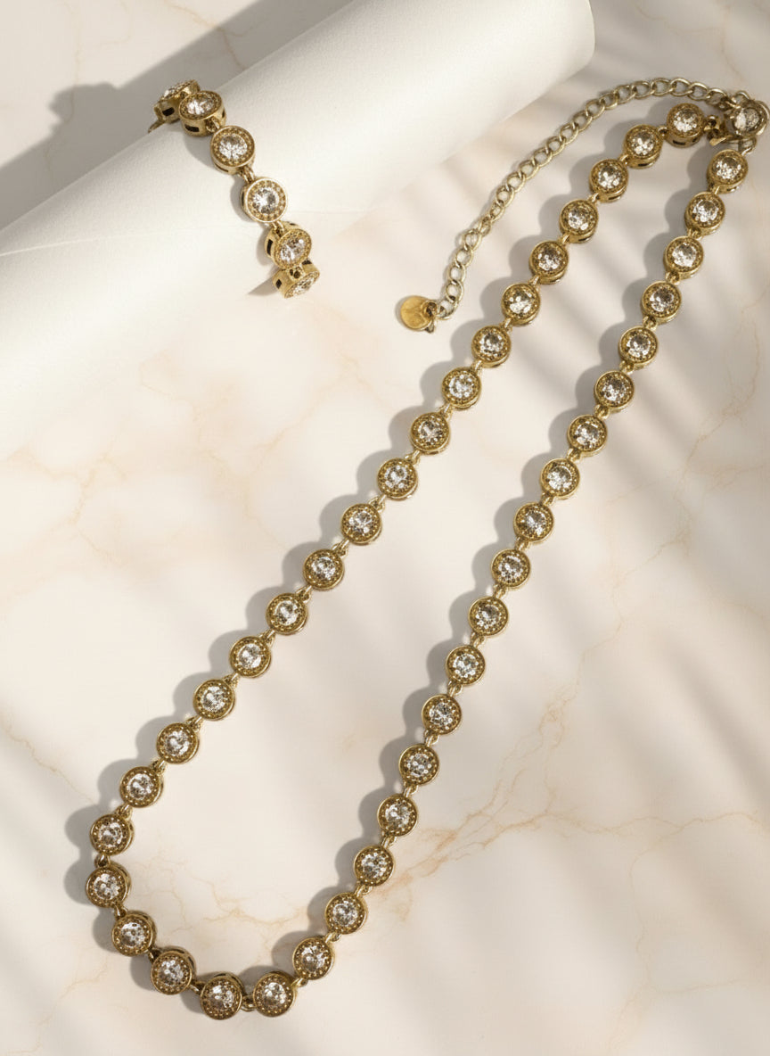 Celeste Choker – Gold Riviera Stainless Steel Necklace and Bracelet , white background. So Cute by DImi