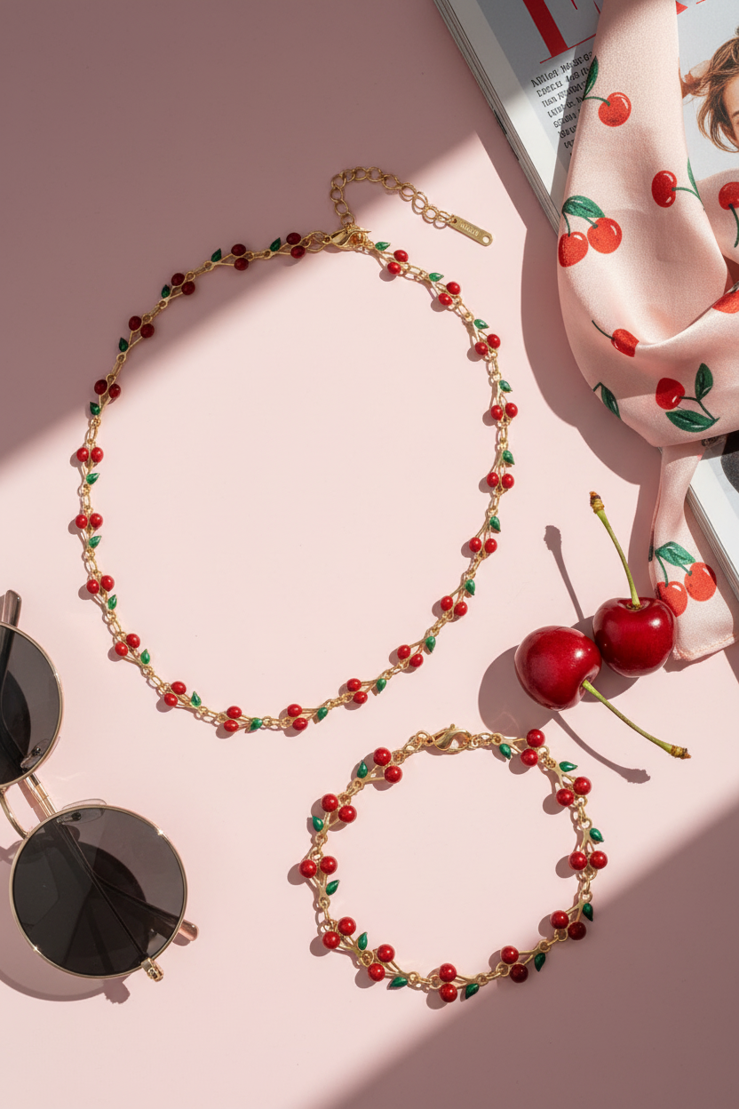 Κολιέ και βραχιόλι Cherry Bloom με κεράσια από ατσάλι χρυσό με κόκκινο και πράσινο σμάλτο So Cute by Dimi