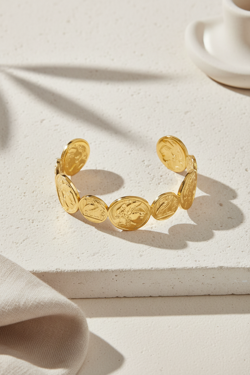 Coin Muse Bracelet σε χρυσό χρώμα, ατσάλινο βραχιόλι με νομίσματα σε minimal flatlay