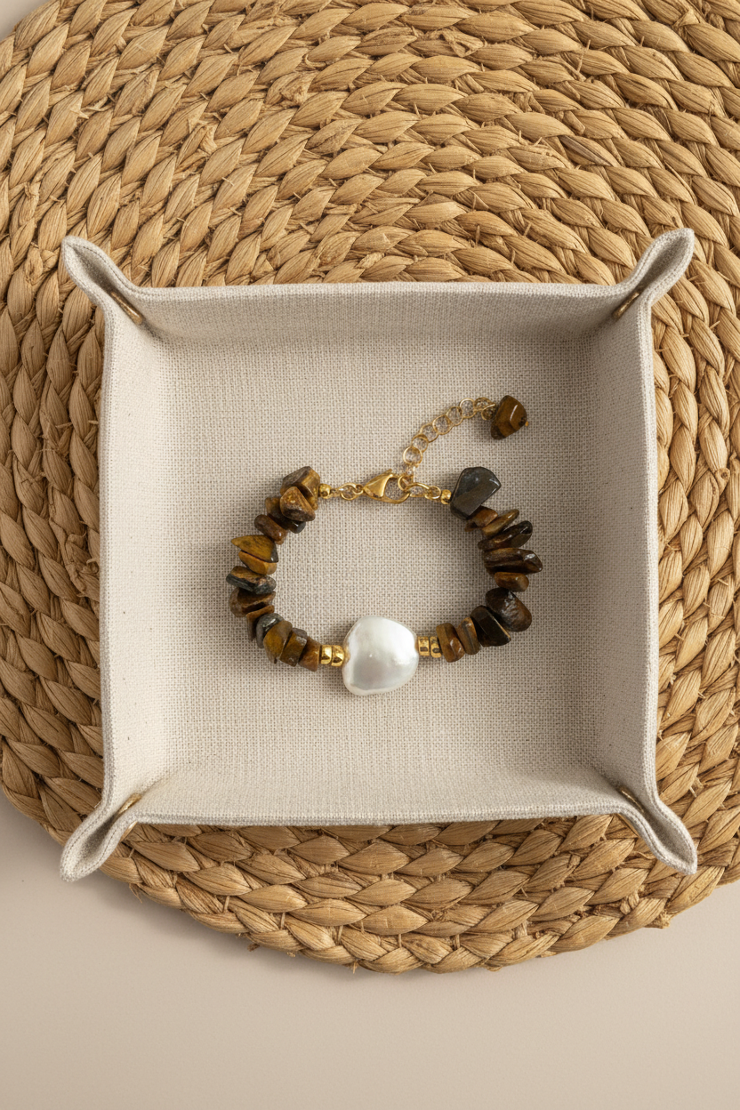 Bracelet with brown beads and a pearl on a woven mat