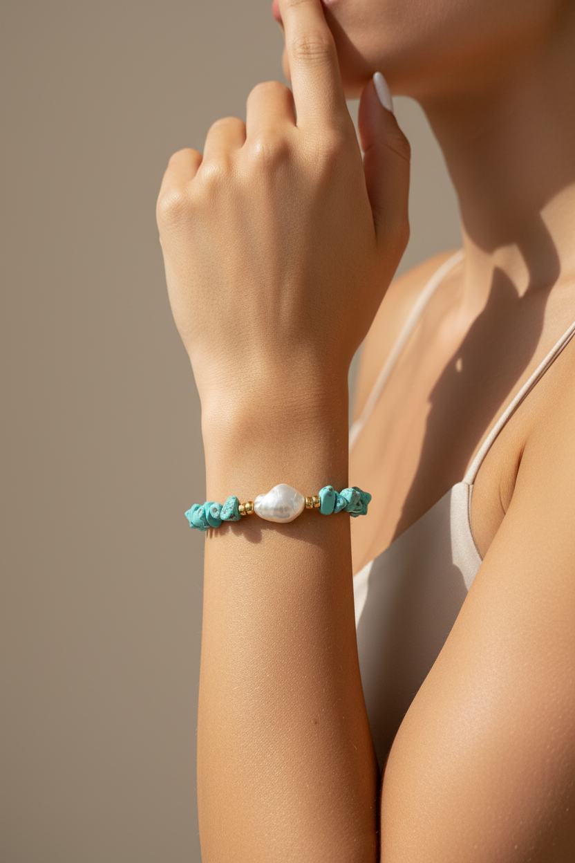 Bracelet with turquoise beads and a pearl worn on a wrist against a neutral background