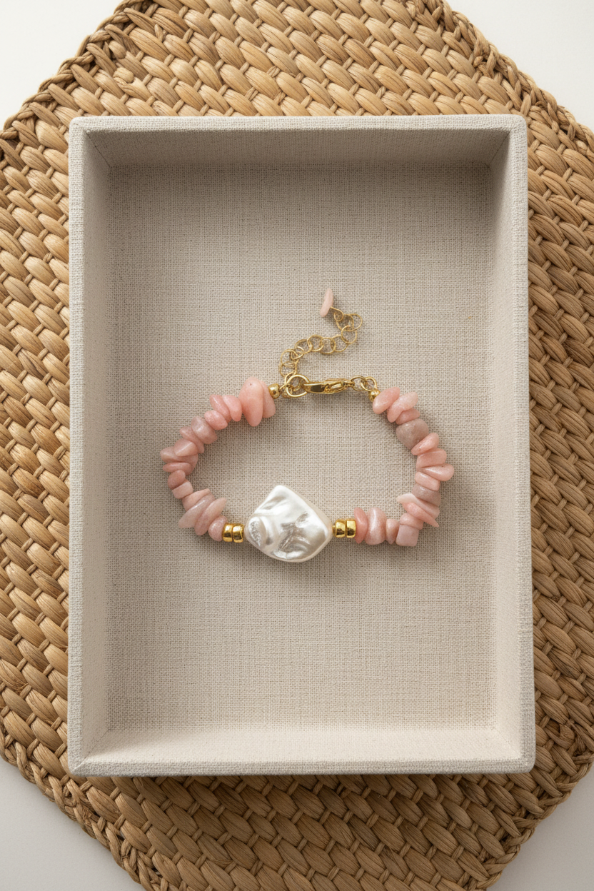 Pink beaded bracelet with a large pearl in a beige box on a woven surface