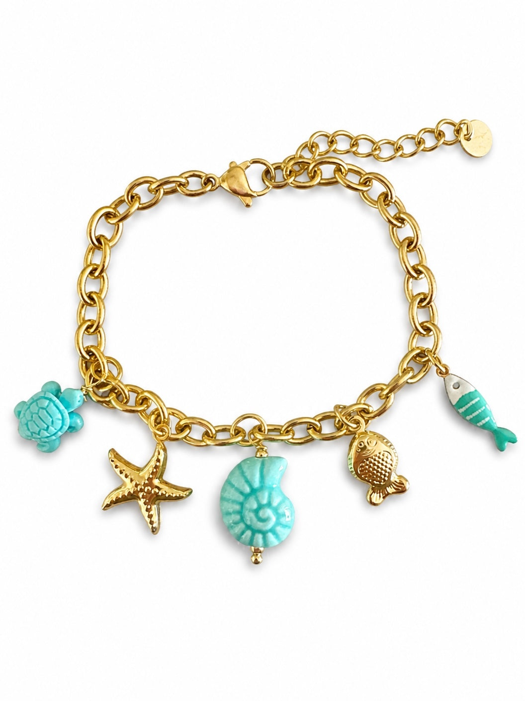 Ατσάλινο βραχιόλι Costa Bella Charm της So Cute by Dimi με chunky αλυσίδα και καλοκαιρινά charms σε λευκό φόντο.