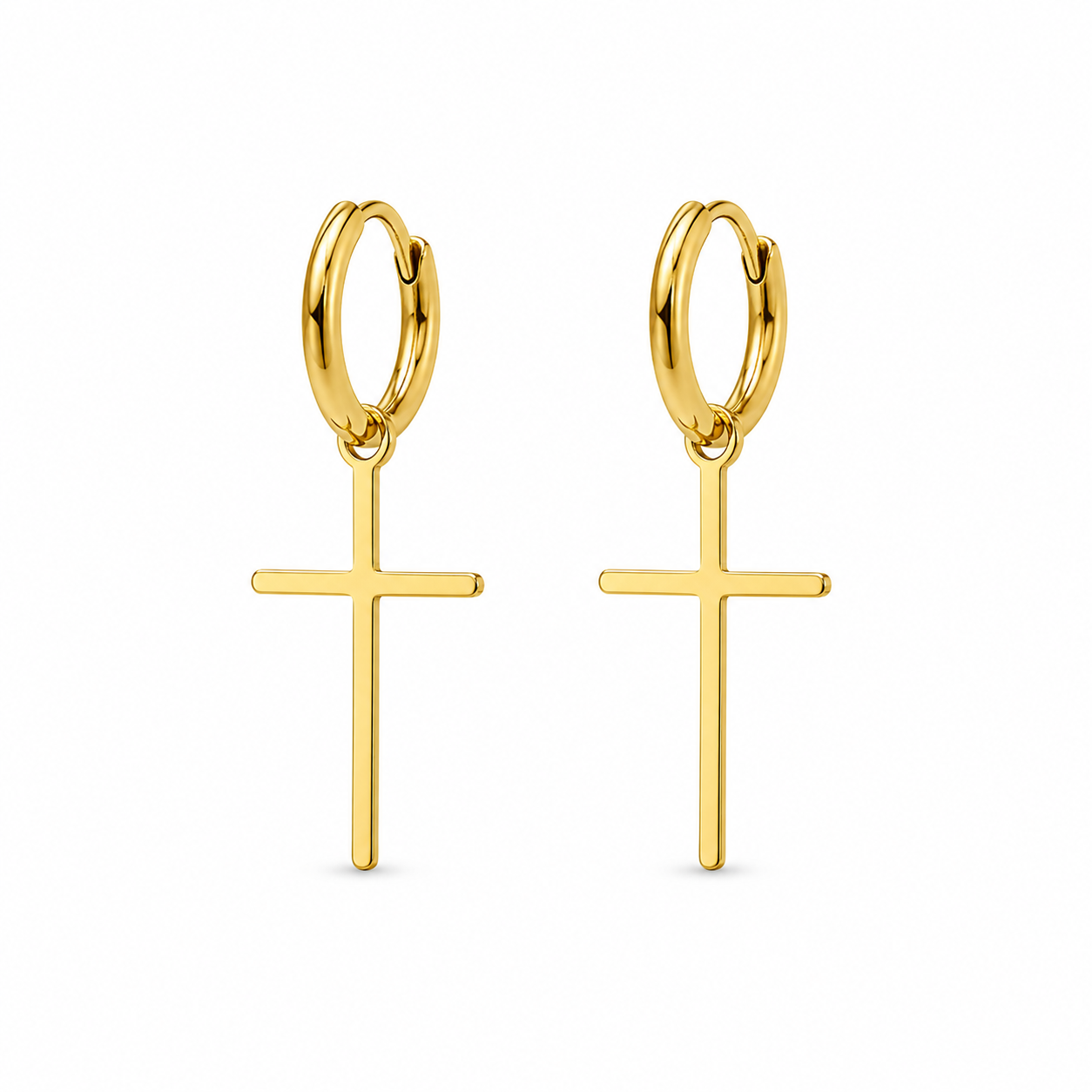 Gold hoop earrings with cross pendants on a white background
