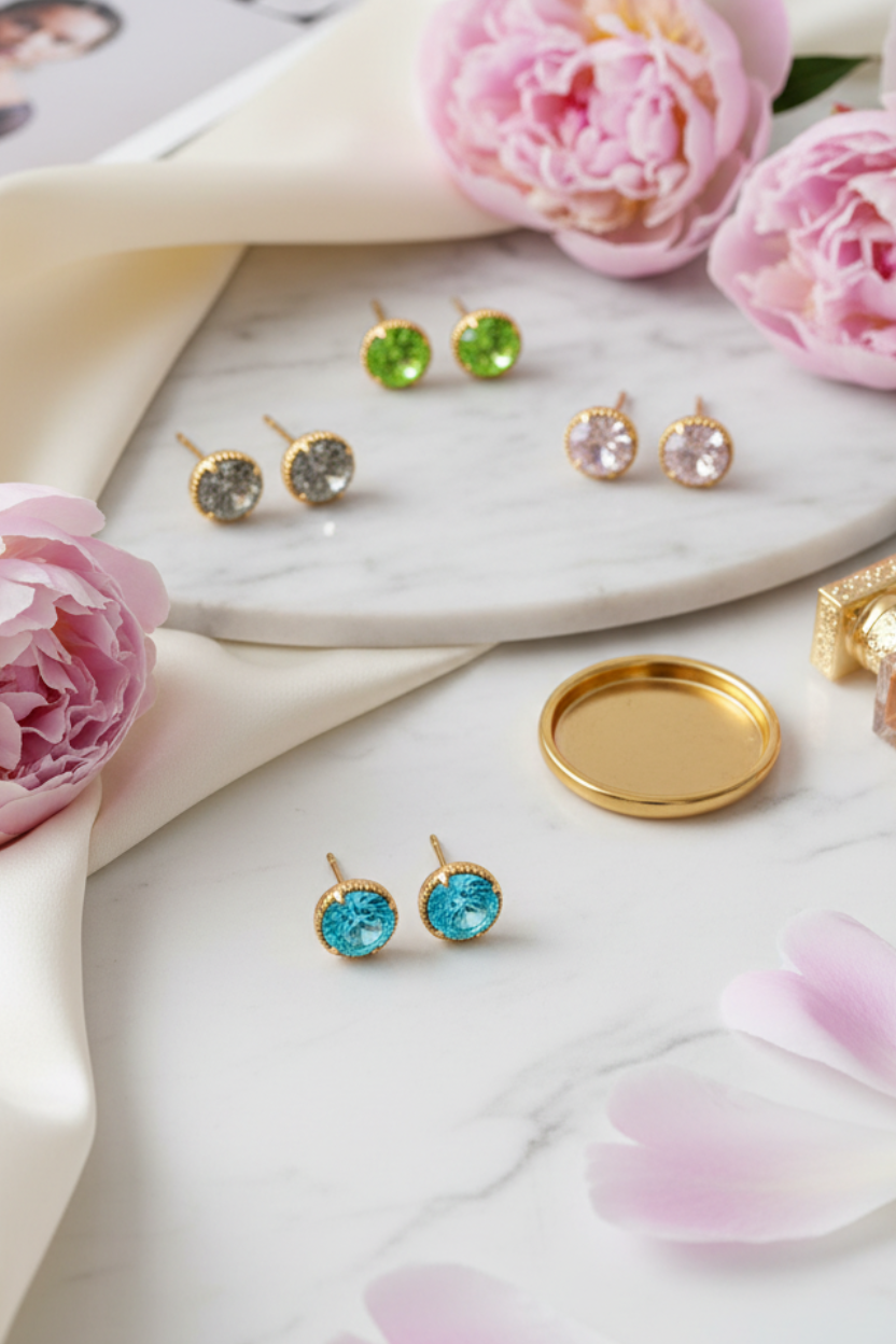 Πολύχρωμα ατσάλινα σκουλαρίκια Crush Glow Studs με πέτρες zircon, σε ροζ σκηνικο με λουλούδια So Cute by Dimi