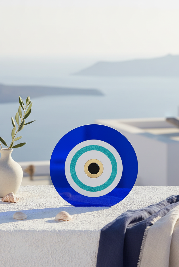 Μπλε plexiglass γούρι μάτι σε κυκλαδίτικη ταράτσα με θέα στο Αιγαίο, βάζο με ελιά και κοχύλια