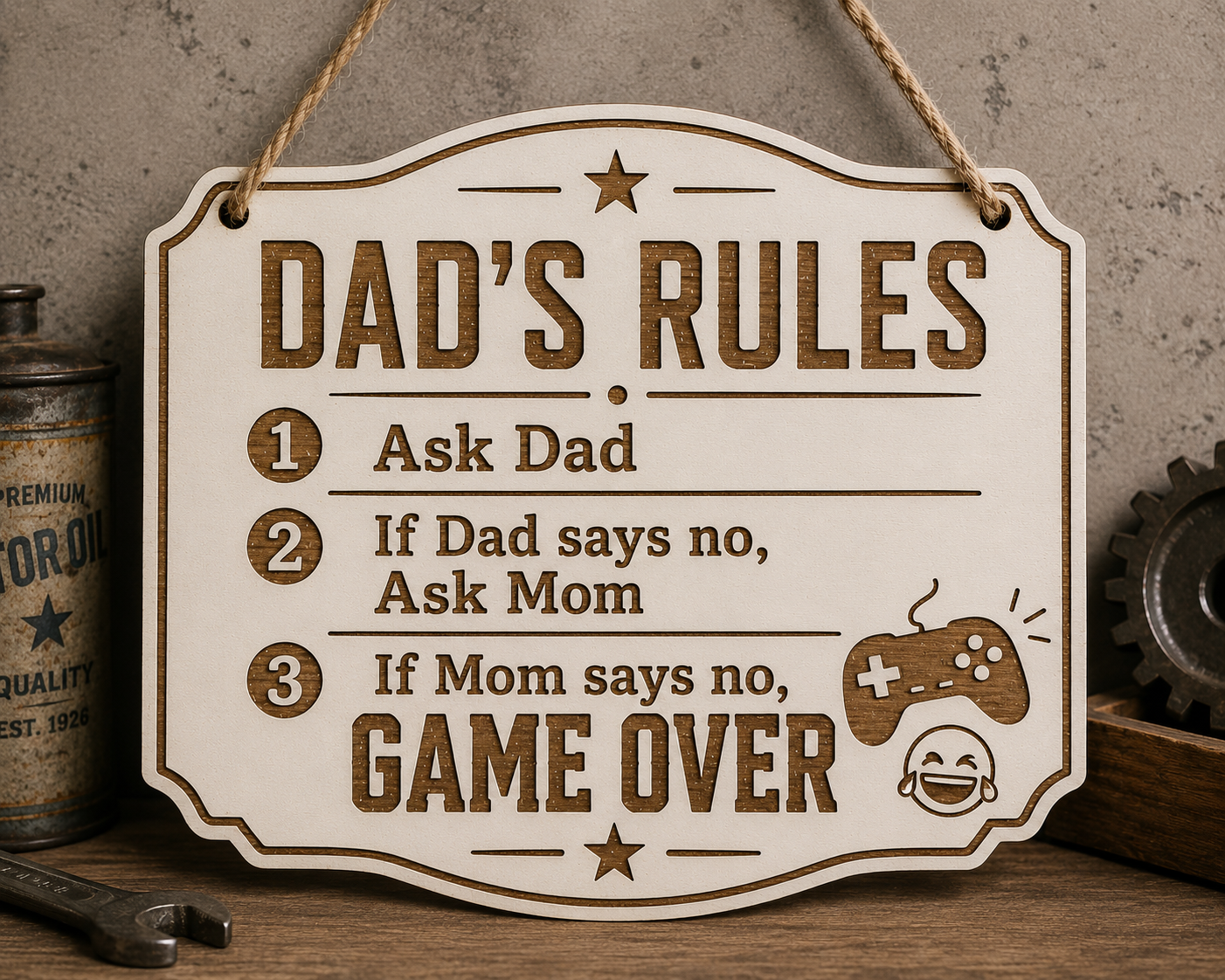 Ξύλινη διακοσμητική πινακίδα Dad's Rules από λευκό MDF με χάραξη laser από τη So Cute By Dimi.