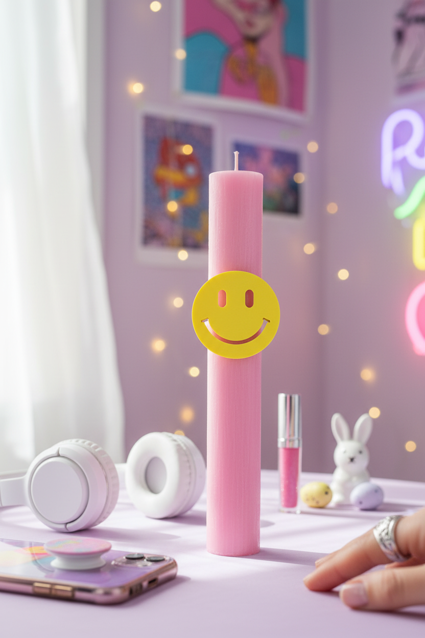 Αρωματική baby pink λαμπάδα 30εκ με πλεξιγκλάς smiley cutout για έφηβα κορίτσια