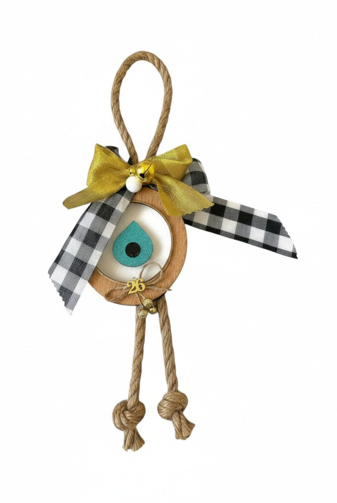 Country Xmas handmade hanging gouri with wood, plexiglass, burlap cord, plaid ribbon and bells – So Cute by Dimi
