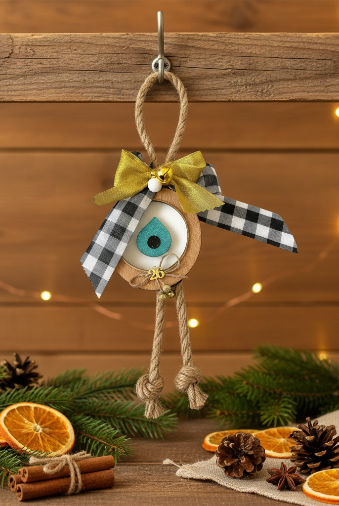 Country Xmas handmade hanging gouri with wood, plexiglass, burlap cord, plaid ribbon and bells – So Cute by Dimi