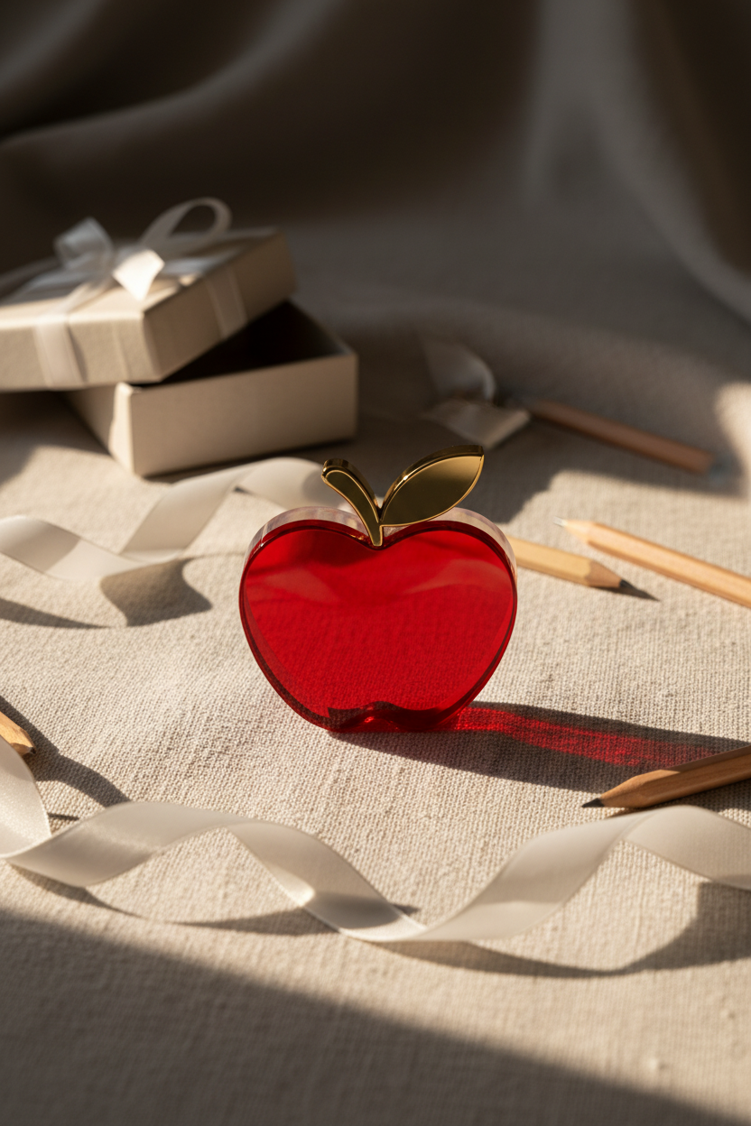 Red apple-shaped object with gold top on a textured surface with ribbons and gift boxes.