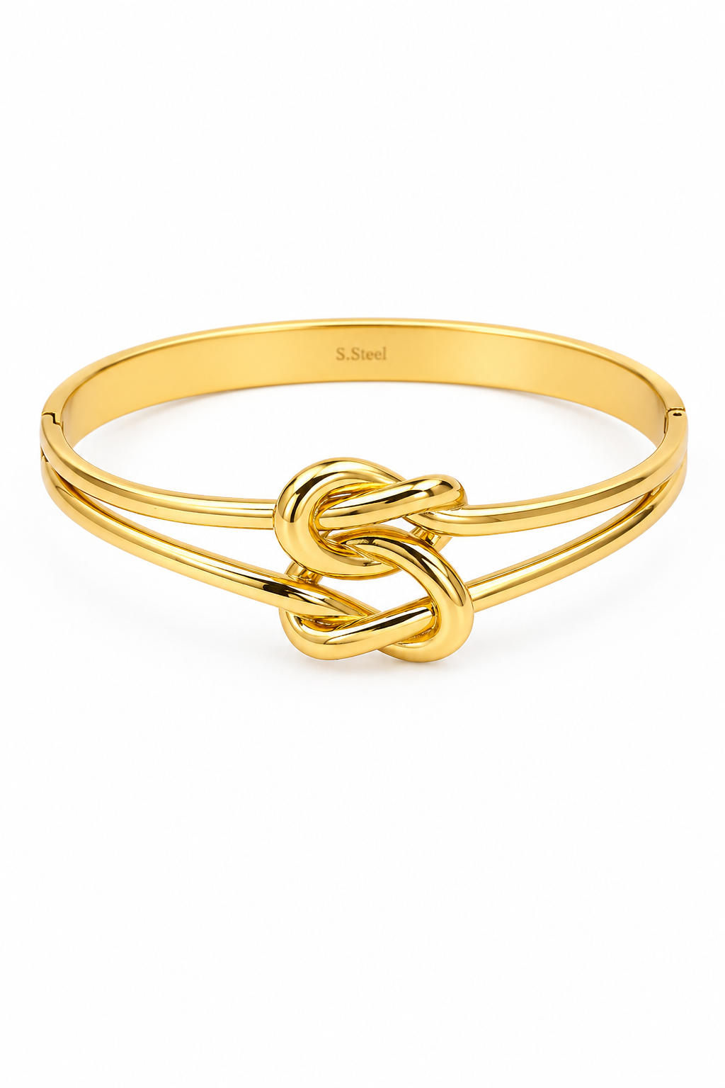 χρυσό βραχιόλι bangle με διπλή γραμμή και διπλό κόμπο από ανοξείδωτο ατσάλι σε λευκό φόντο