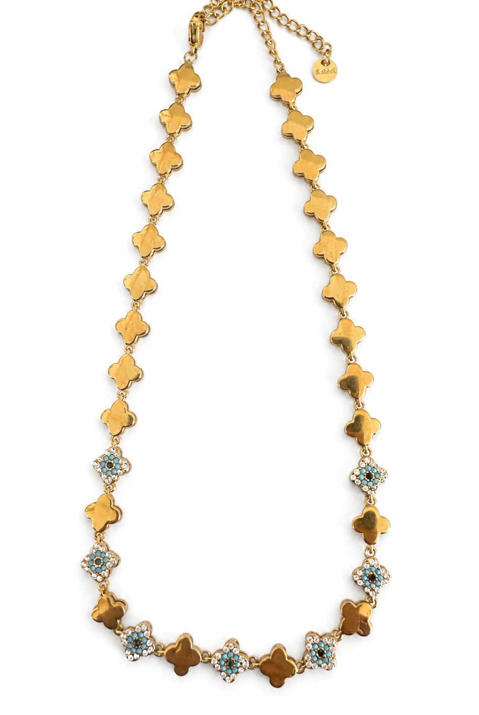 Elysian Clover choker κολιέ από ανοξείδωτο ατσάλι με τετράφυλλα μοτίβα, λευκά και τυρκουάζ ζιργκόν, κοντό stainless steel necklace 32+8cm.