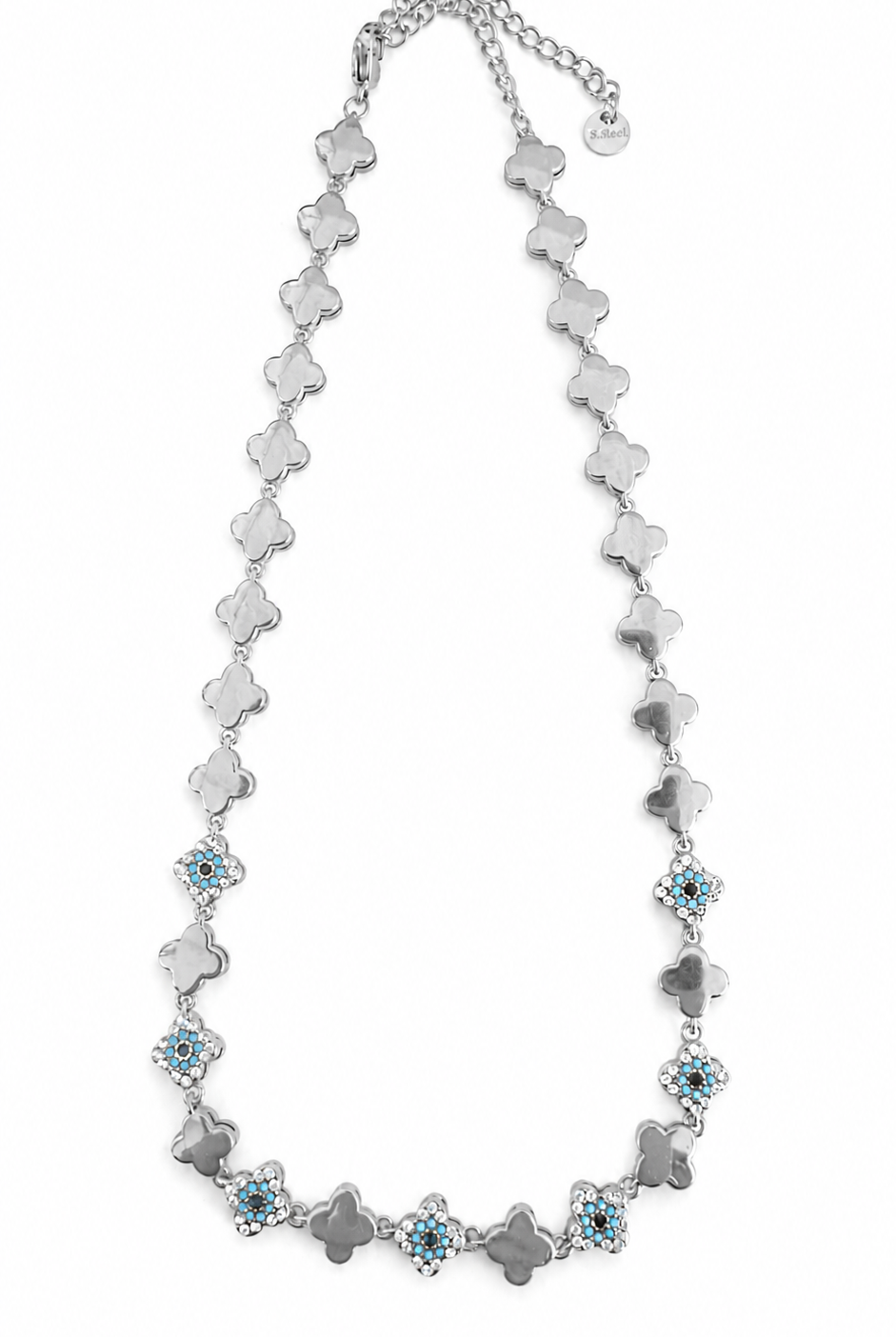 Elysian Clover choker κολιέ από ανοξείδωτο ατσάλι με τετράφυλλα μοτίβα, λευκά και τυρκουάζ ζιργκόν, κοντό stainless steel necklace 32+8cm.