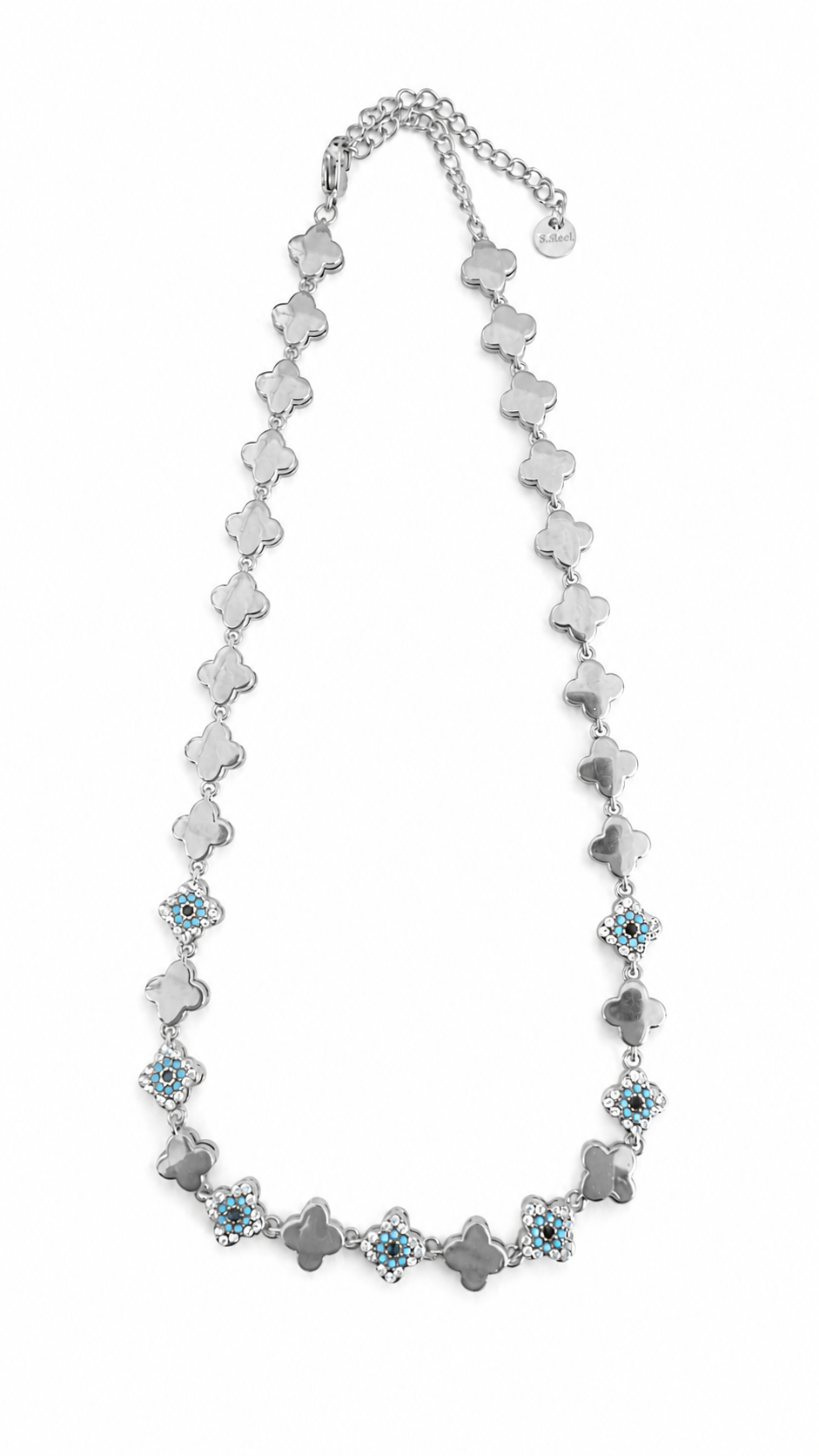 Elysian Clover choker κολιέ από ανοξείδωτο ατσάλι με τετράφυλλα μοτίβα, λευκά και τυρκουάζ ζιργκόν, κοντό stainless steel necklace 32+8cm.