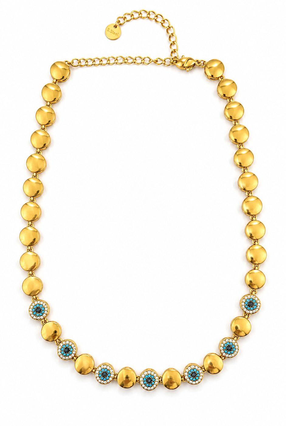 Elysian Mati choker necklace από ανοξείδωτο ατσάλι με στοιχεία ματιού, λευκά και τυρκουάζ ζιργκόν, evil eye stainless steel necklace 32+8cm.
