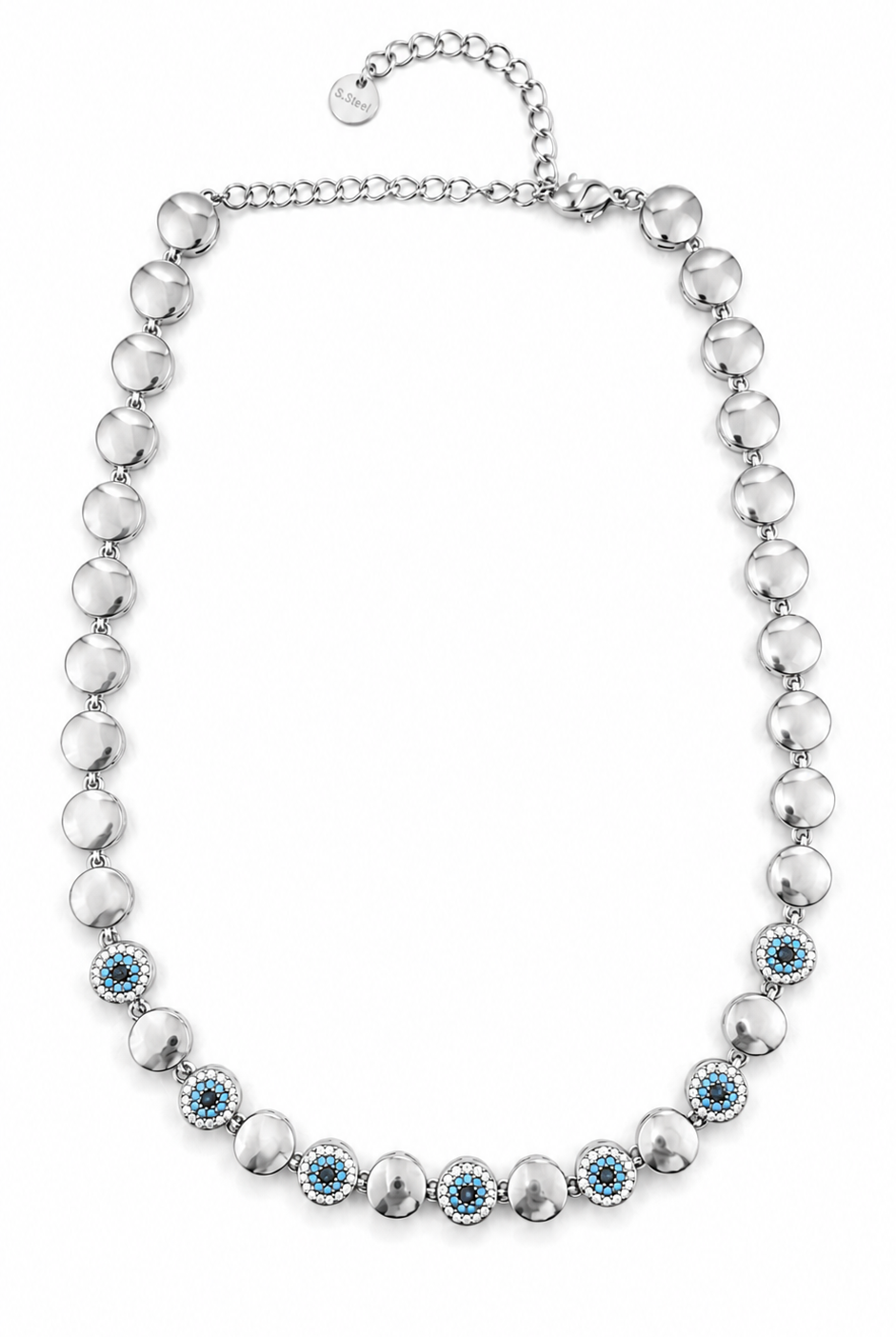 Elysian Mati choker necklace από ανοξείδωτο ατσάλι με στοιχεία ματιού, λευκά και τυρκουάζ ζιργκόν, evil eye stainless steel necklace 32+8cm.