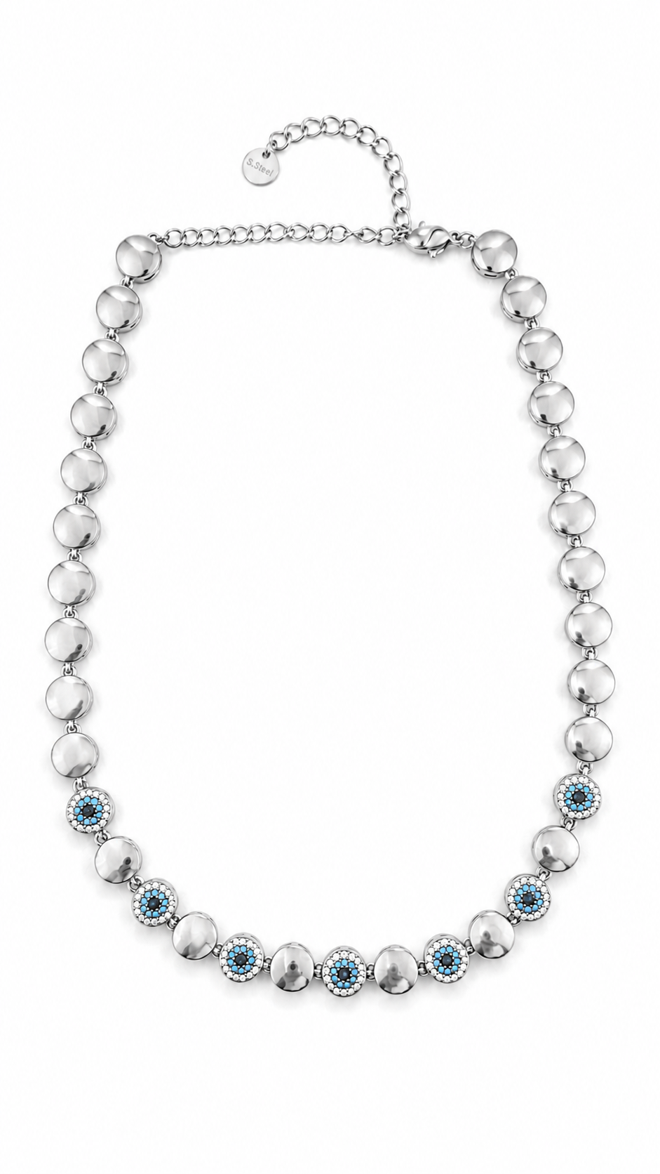 Elysian Mati choker necklace από ανοξείδωτο ατσάλι με στοιχεία ματιού, λευκά και τυρκουάζ ζιργκόν, evil eye stainless steel necklace 32+8cm.