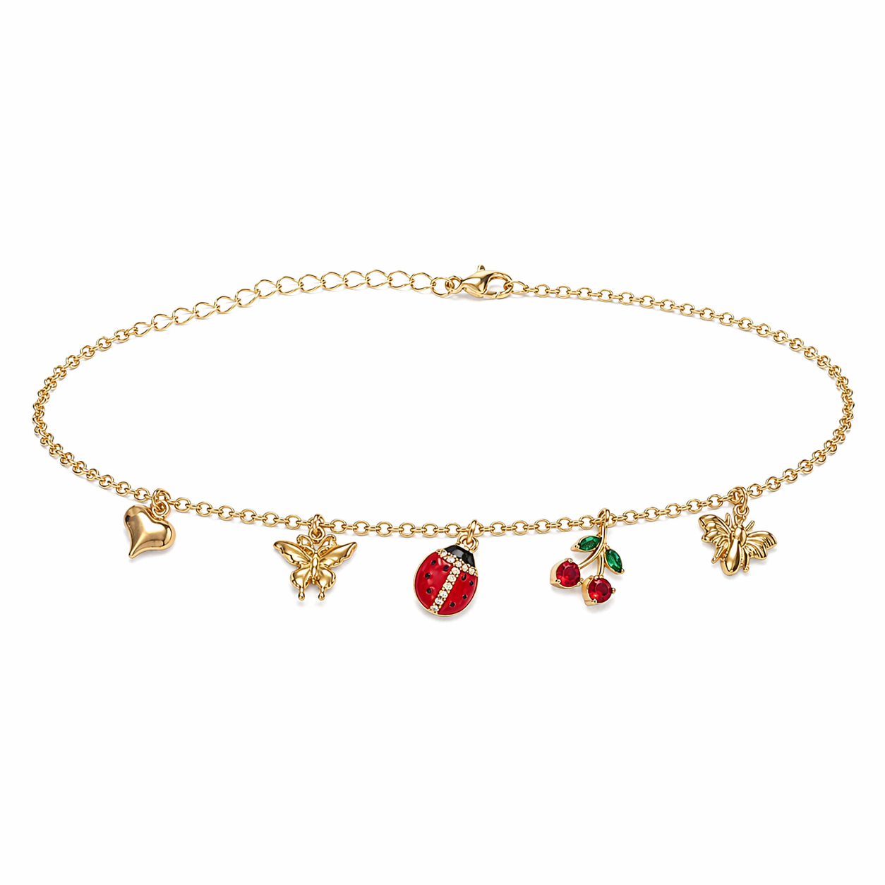 Gold anklet with colorful charm beads on a white background