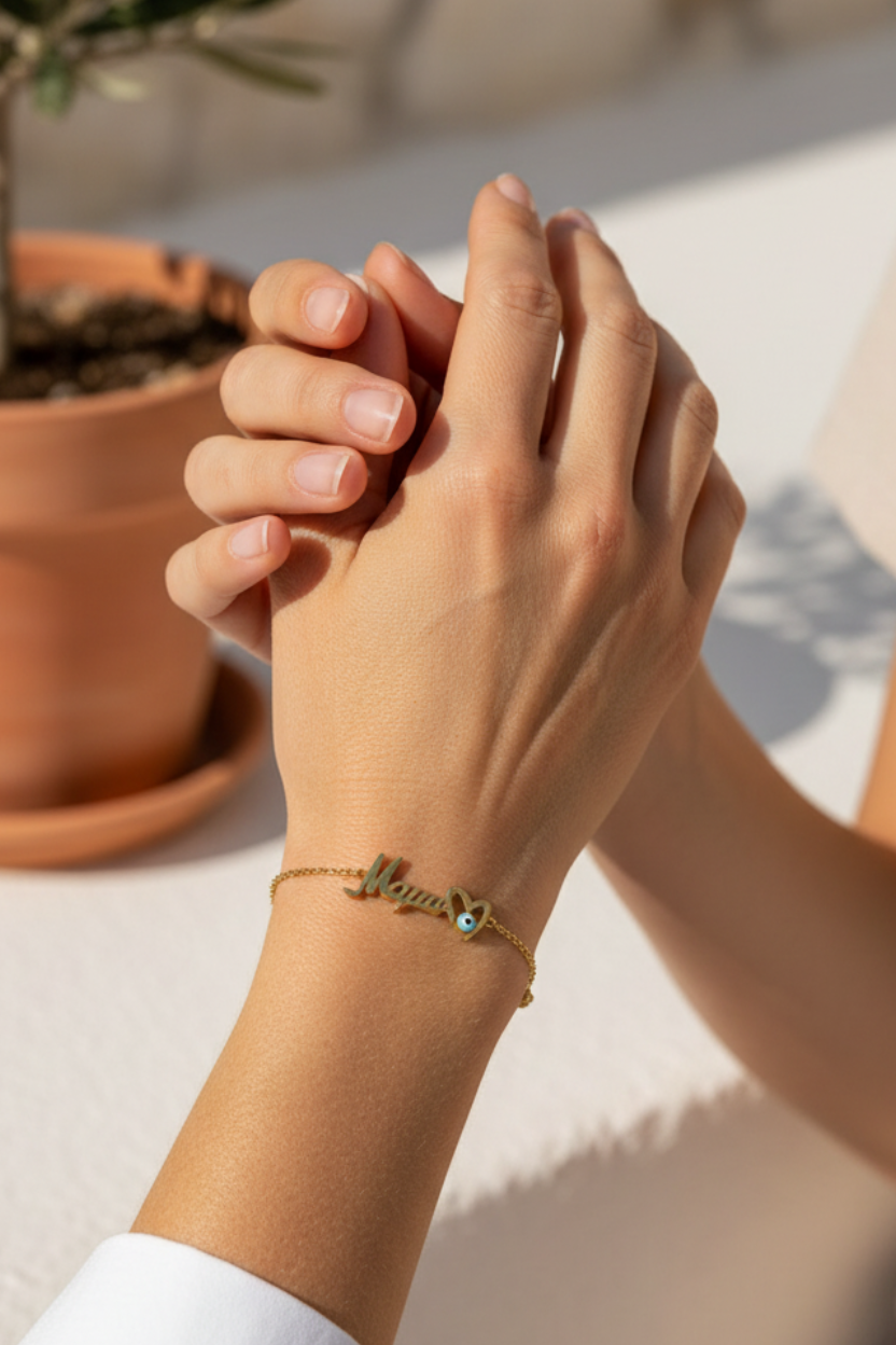 Close-up of a hand wearing a bracelet with a potted plant in the background