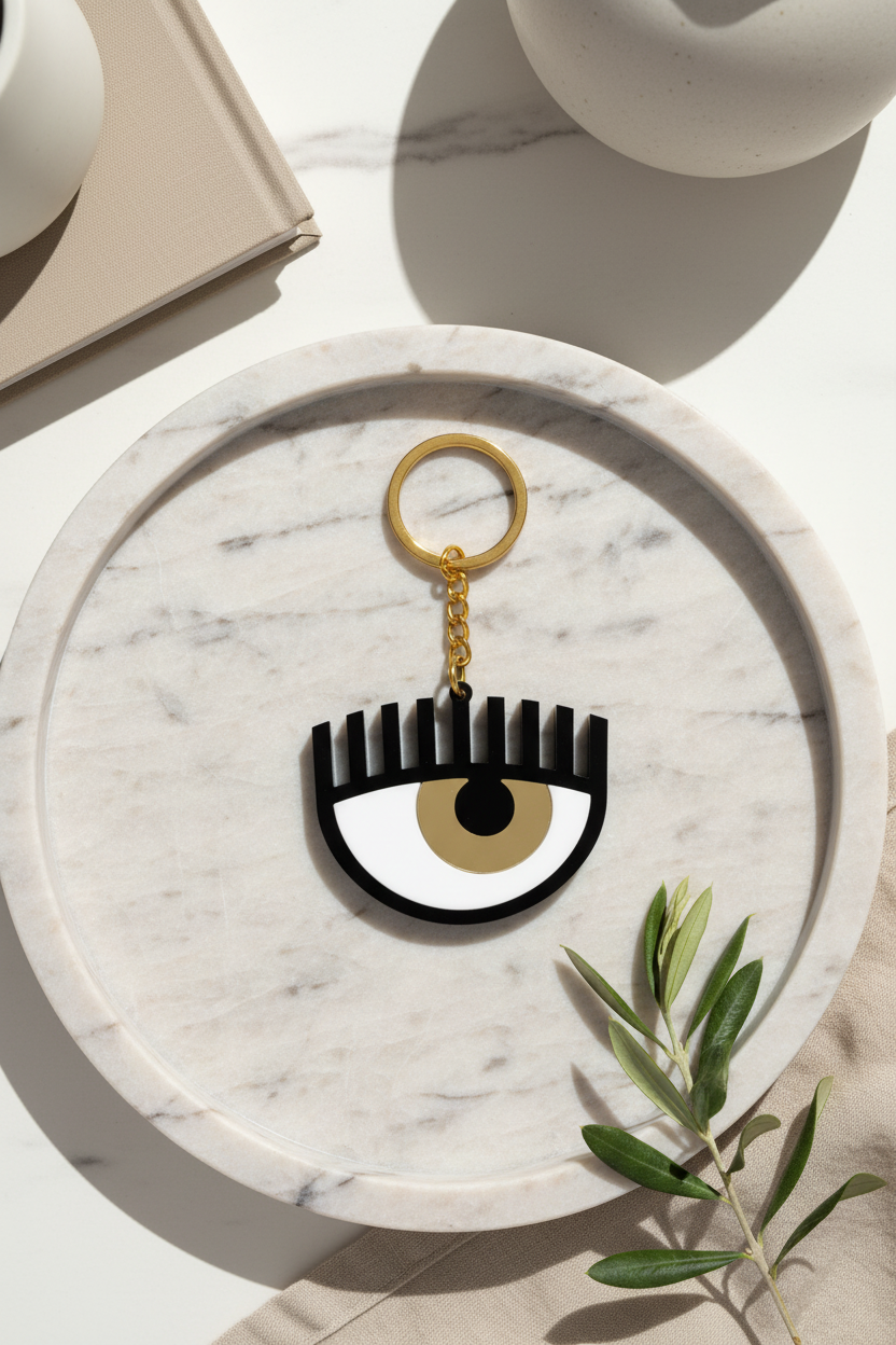 Keychain with eye design on a marble surface