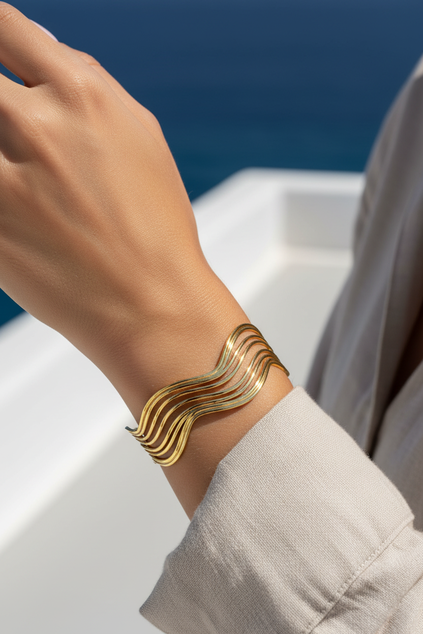 Gold stainless steel wave cuff bracelet open bangle modern statement jewelry